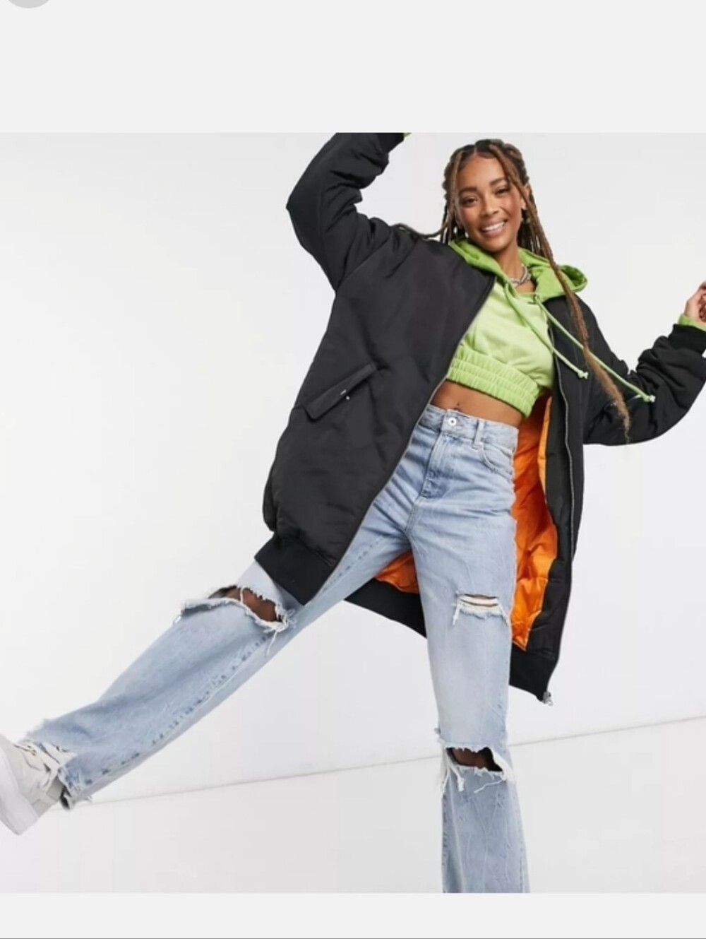 Oversized Collusion Black Bomber Jacket with Orange Lining